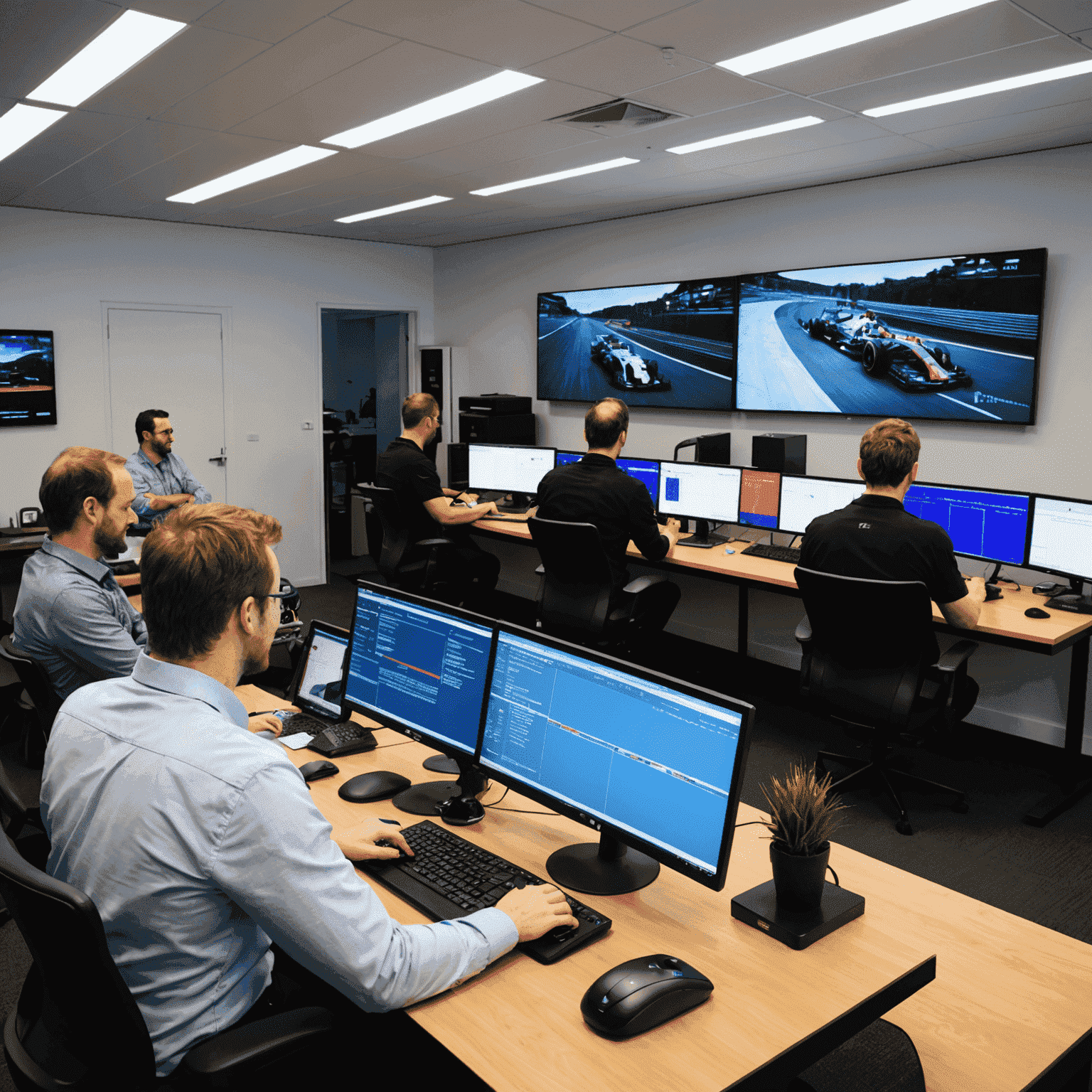 The PlinkHorizon team at work in their Melbourne office, analyzing F1 car telemetry data on large screens. The office has a modern, tech-forward design with F1 memorabilia and a small plinko board on display.