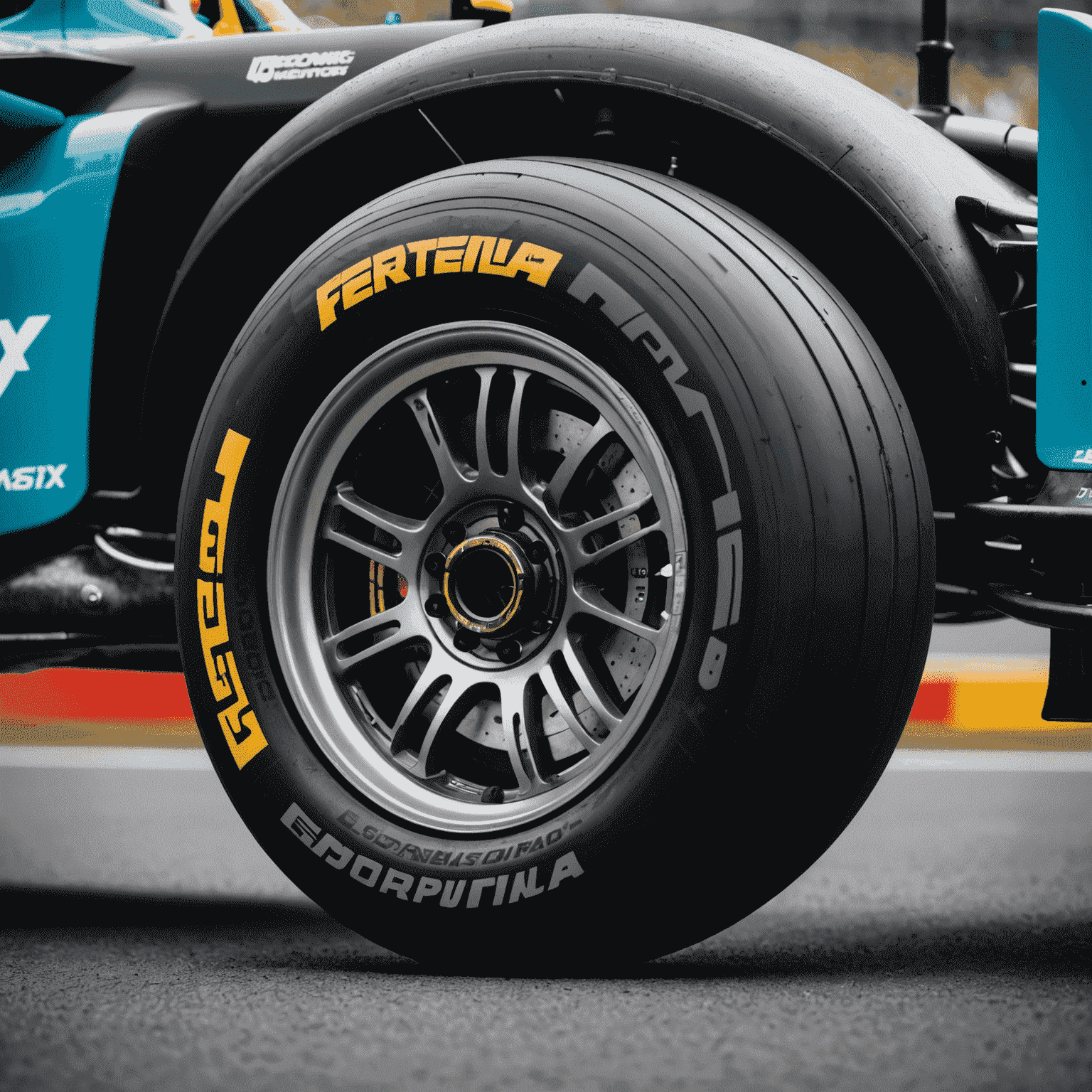 Close-up of a Formula 1 car's advanced tire and suspension system, showcasing intricate sensors and adaptive components