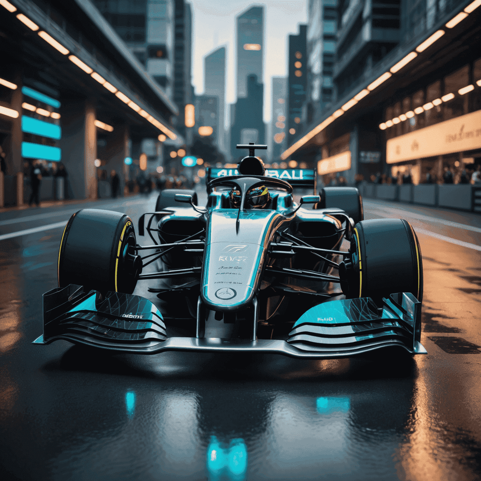 A futuristic F1 car with holographic displays showing AI and ML data analysis in real-time