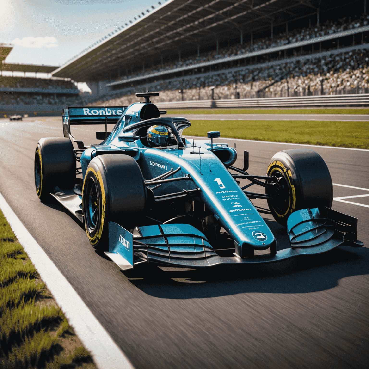 A modern Formula 1 car with visible sustainable technology features, such as regenerative braking systems and hybrid power units, racing on a track with solar panels in the background