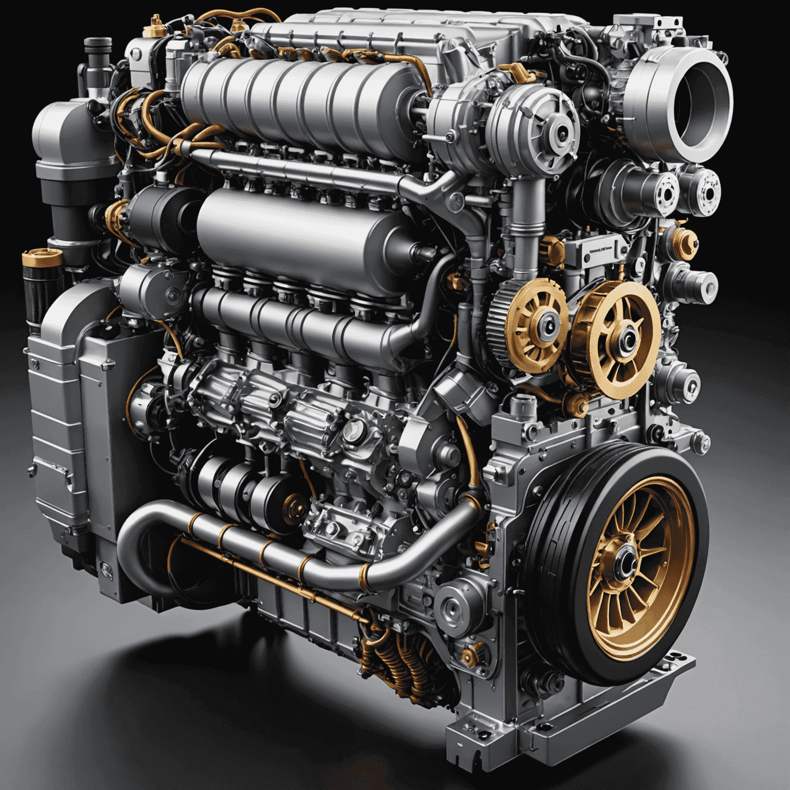 Cutaway view of a Formula 1 hybrid power unit, showing intricate details of the internal combustion engine and electric components