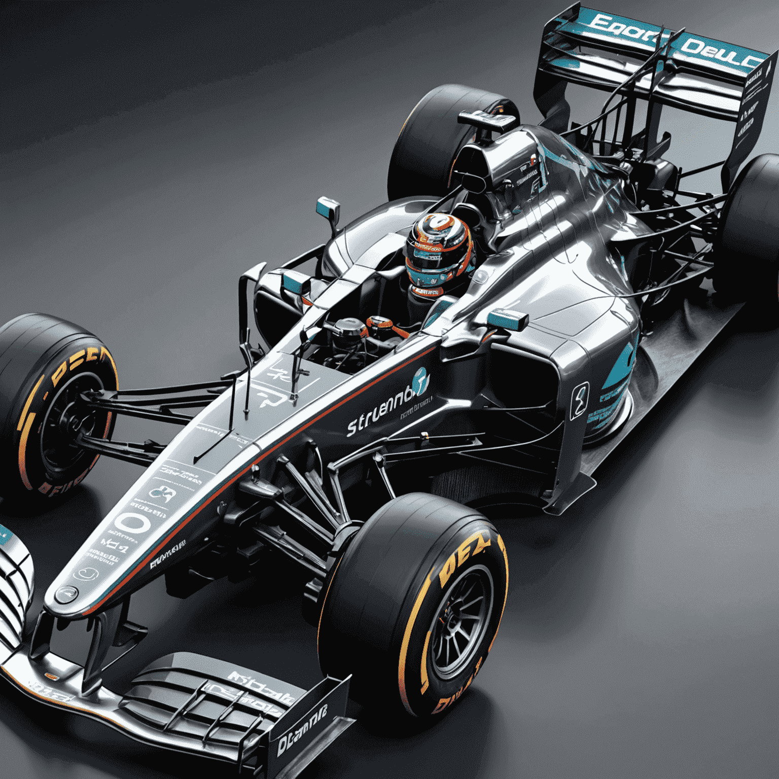 Close-up of an F1 car's regenerative braking system, showing the intricate components and energy flow diagram