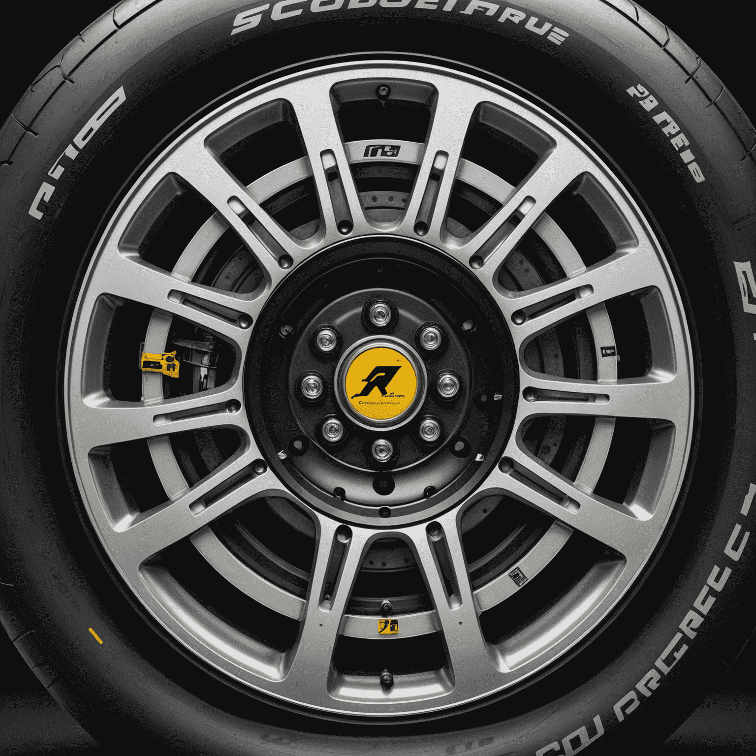 Close-up of a Formula 1 car's wheel, showcasing advanced tire compounds and intricate suspension components with sensors and adaptive elements.