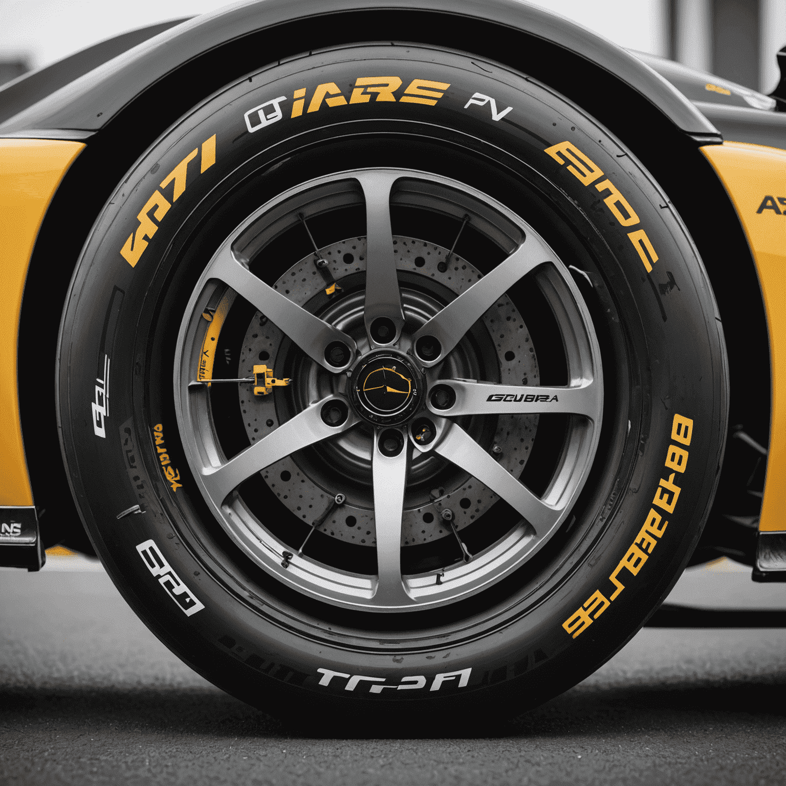 Close-up of a Formula 1 tire with embedded sensors and an adaptive suspension system with visible actuators