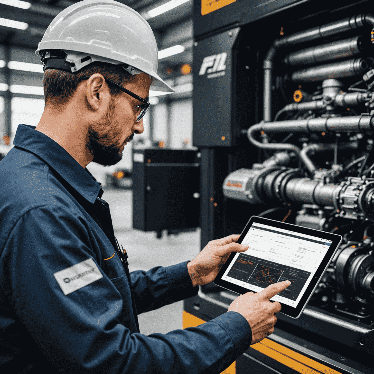 An F1 engineer using a tablet with ML-powered predictive maintenance software, showing component health predictions