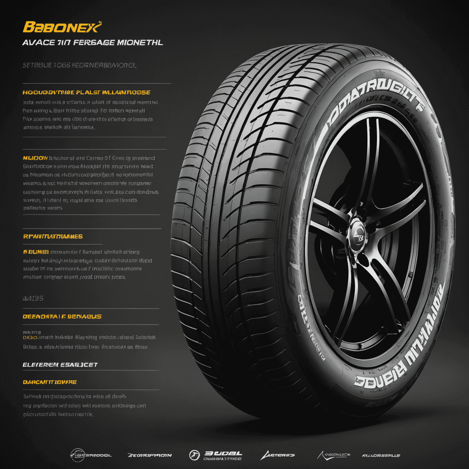 A set of advanced F1 tires made with sustainable materials, displayed alongside a graph showing improved durability and performance metrics