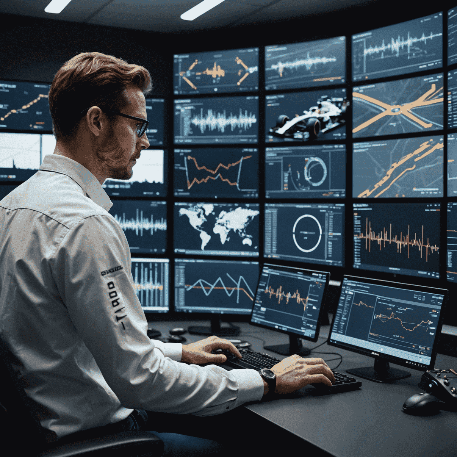 F1 engineer analyzing complex data visualizations and AI predictions on multiple screens in a high-tech race control room